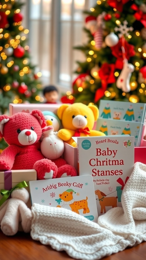 A collection of Christmas gifts for babies, featuring plush toys, colorful books, and a cozy blanket.